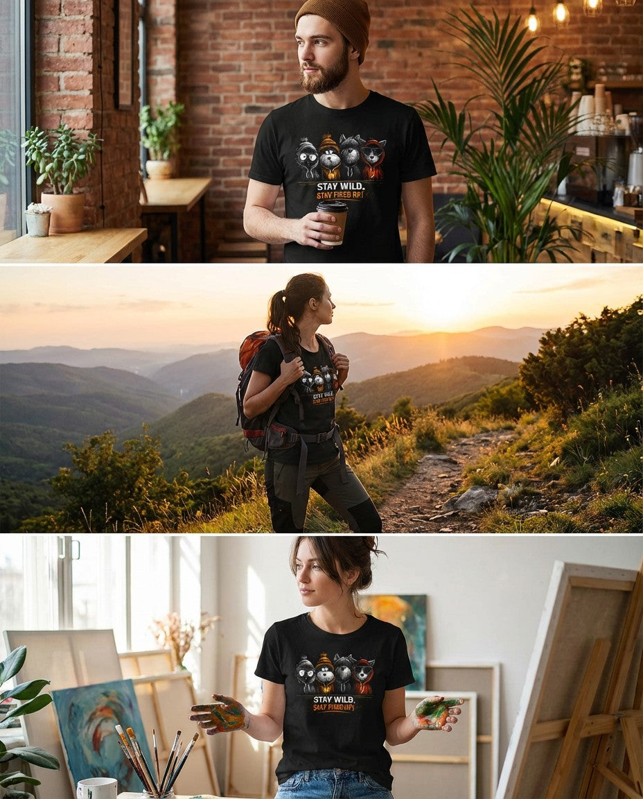 Stay Wild Stay Fired Up T-Shirt – Funny Outdoor Animal Graphic Tee (Black)