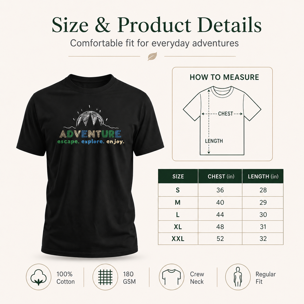 Adventure Escape Explore Enjoy Black T-Shirt – Men’s Outdoor Mountain Graphic Tee