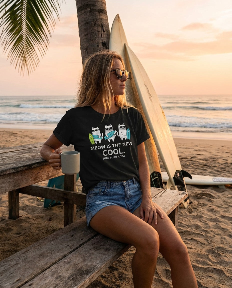 WildVero "Meow Is The New Cool" T-Shirt – Funny Surfing Cats & Summer Beach Graphic Tee