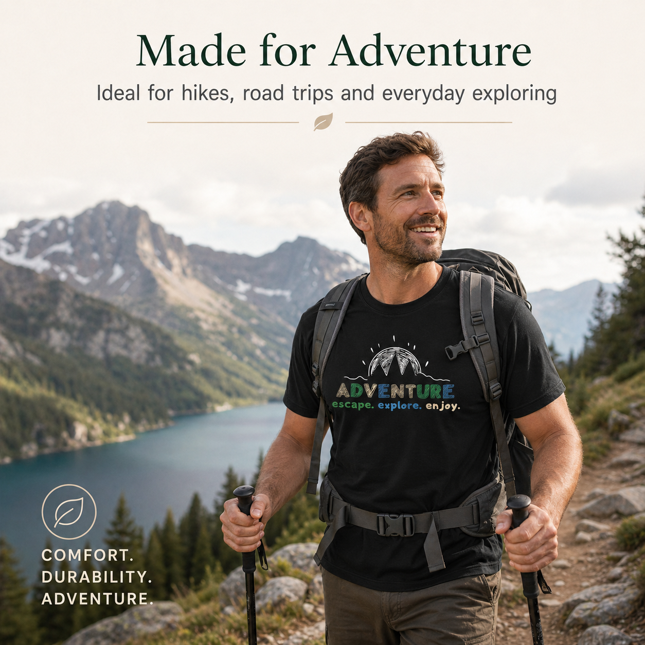 Adventure Escape Explore Enjoy Black T-Shirt – Men’s Outdoor Mountain Graphic Tee