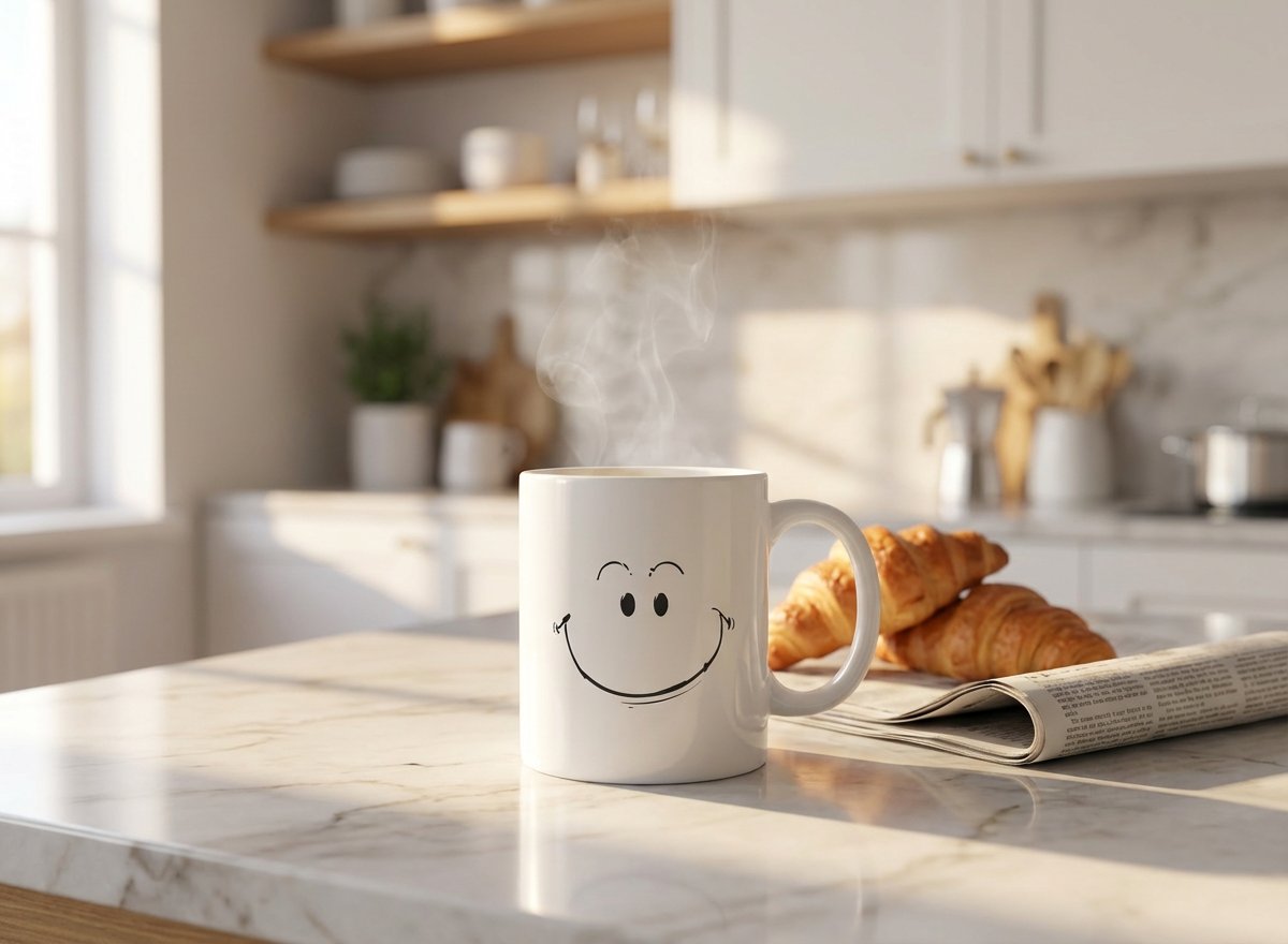 White 11oz ceramic mug showing both sides - hand-drawn smiley daisy flower and Your Smile Brightens The Day quote in blue script