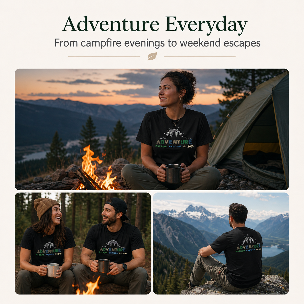 Adventure Escape Explore Enjoy Black T-Shirt – Men’s Outdoor Mountain Graphic Tee
