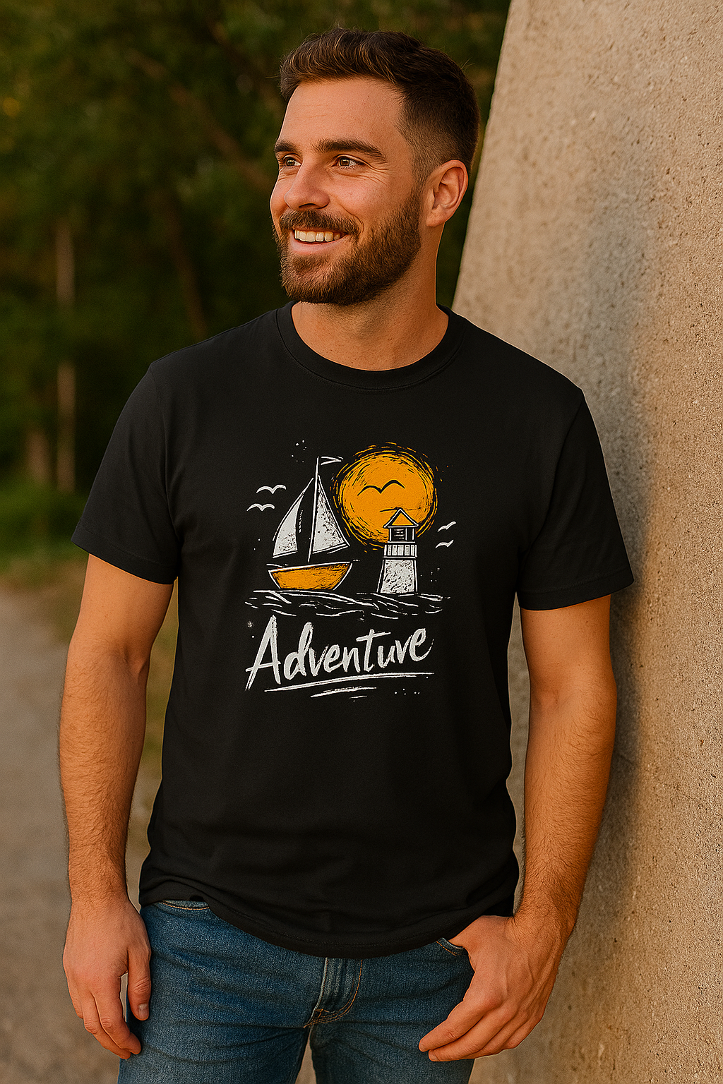 Black Adventure t-shirt with hand-drawn sailboat lighthouse and golden sun nautical design