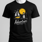 Black Adventure t-shirt with hand-drawn sailboat lighthouse and golden sun nautical design
