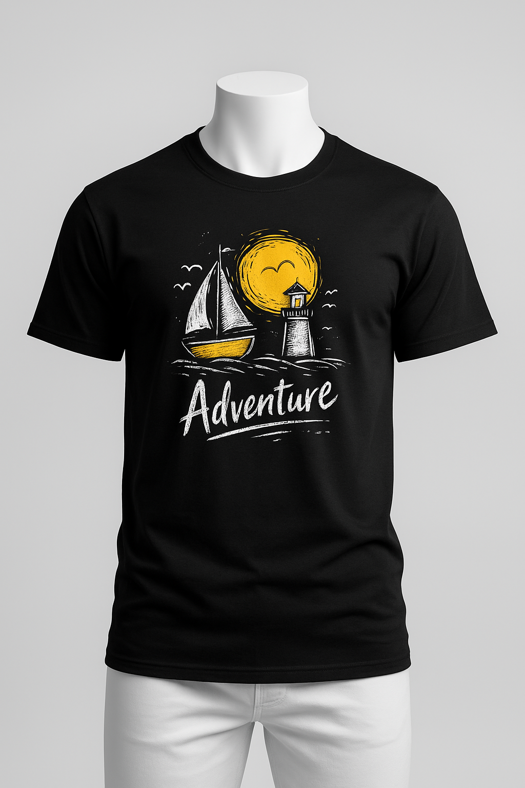 Black Adventure t-shirt with hand-drawn sailboat lighthouse and golden sun nautical design