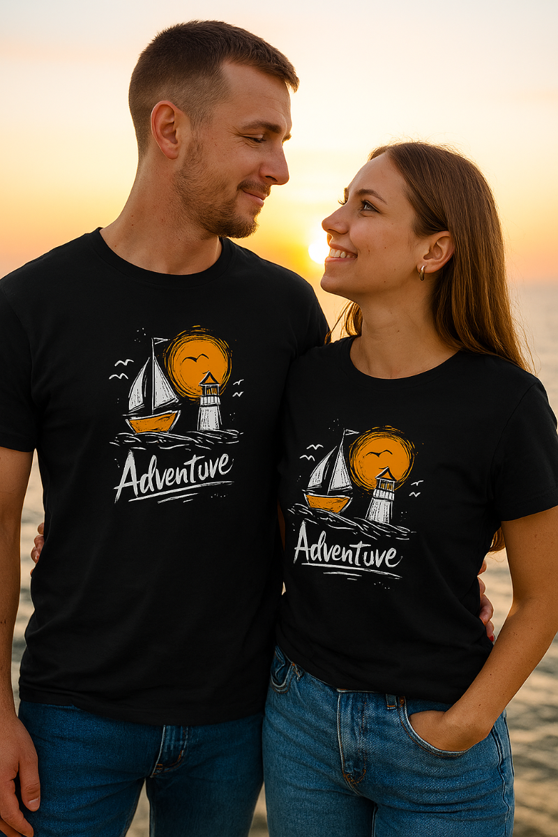 Black Adventure t-shirt with hand-drawn sailboat lighthouse and golden sun nautical design