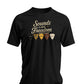 Black Sounds Like Freedom t-shirt with authentic guitar pick design and thickness measurements