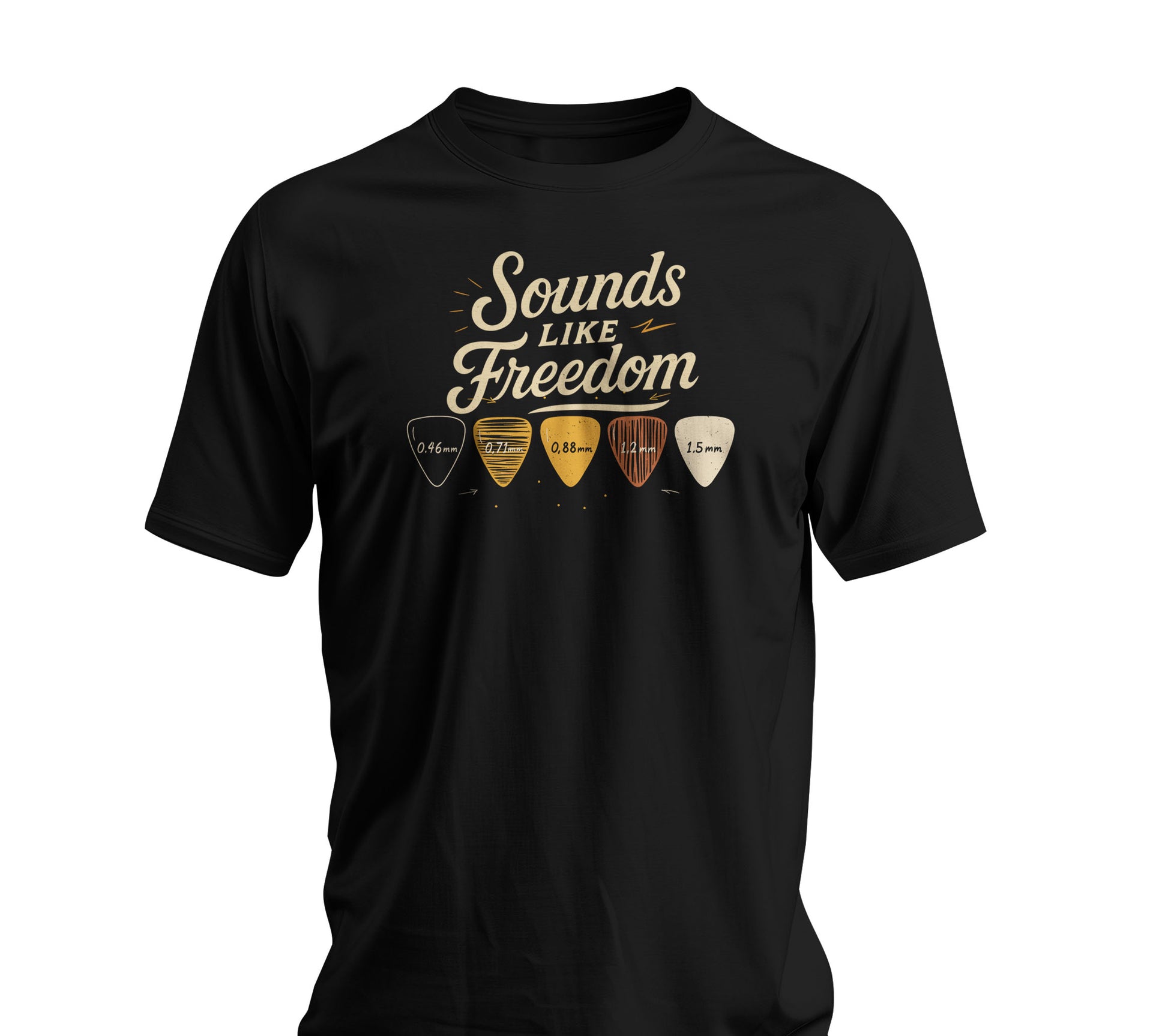 Black Sounds Like Freedom t-shirt with authentic guitar pick design and thickness measurements