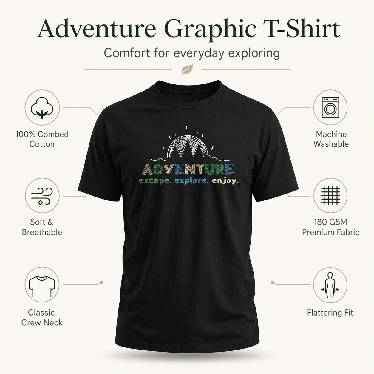 Adventure Escape Explore Enjoy Black T-Shirt – Men’s Outdoor Mountain Graphic Tee