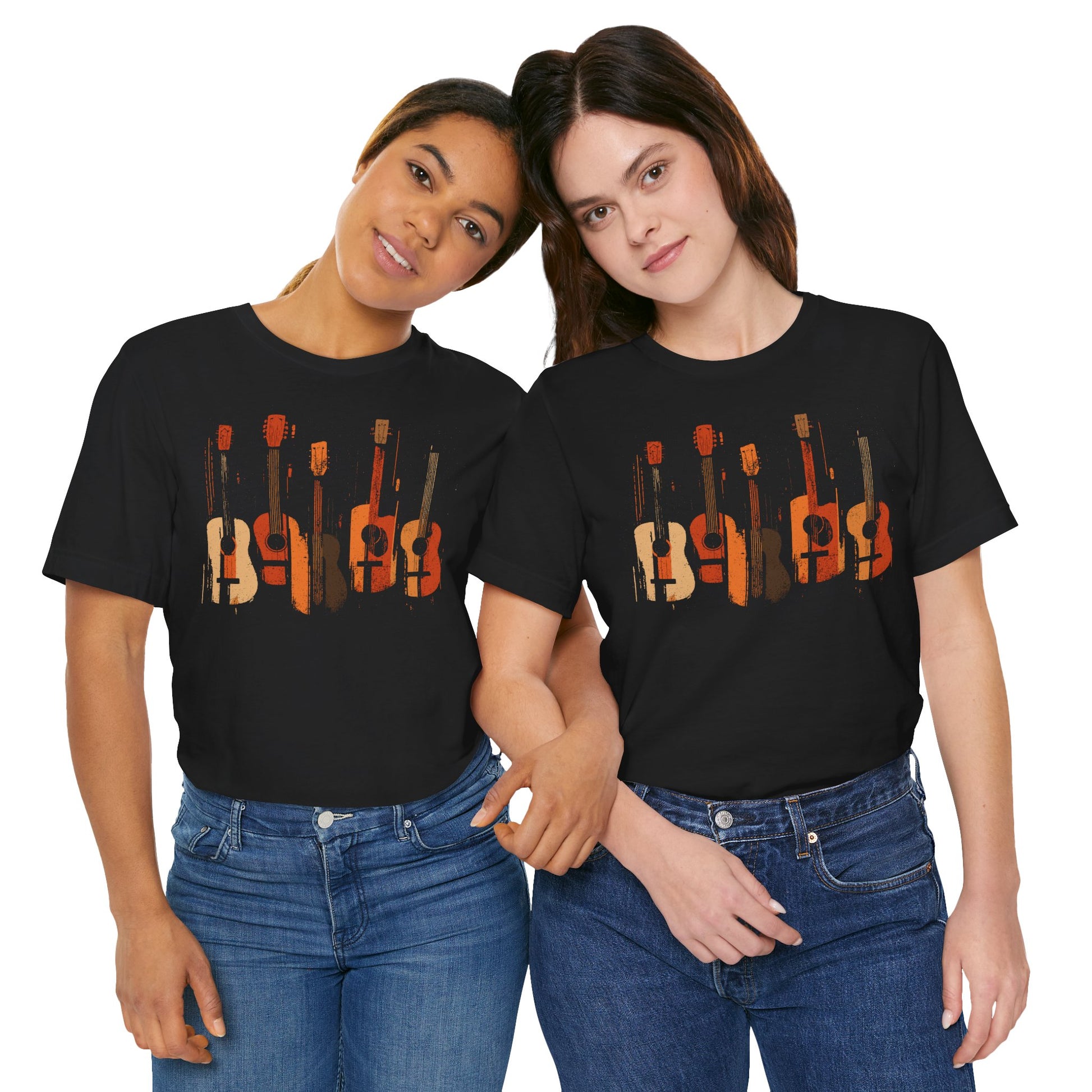 Black Acoustic Heritage t-shirt with five vintage acoustic guitars in warm earth tones