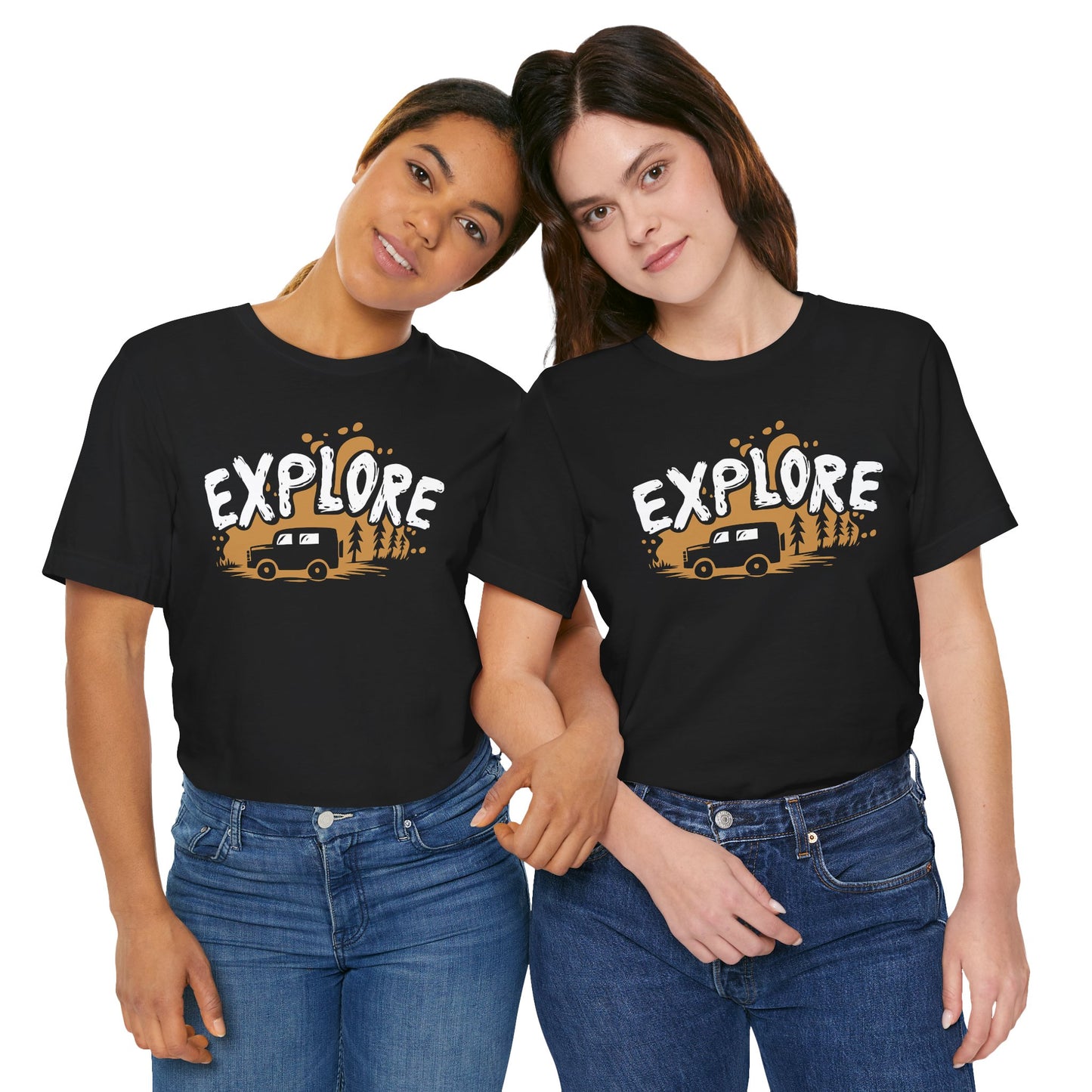 Black Explore t-shirt with adventure vehicle golden forest and pine trees design
