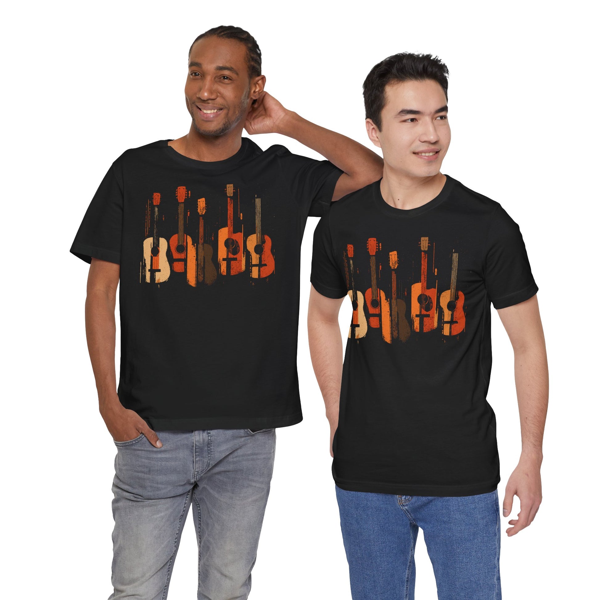 Black Acoustic Heritage t-shirt with five vintage acoustic guitars in warm earth tones