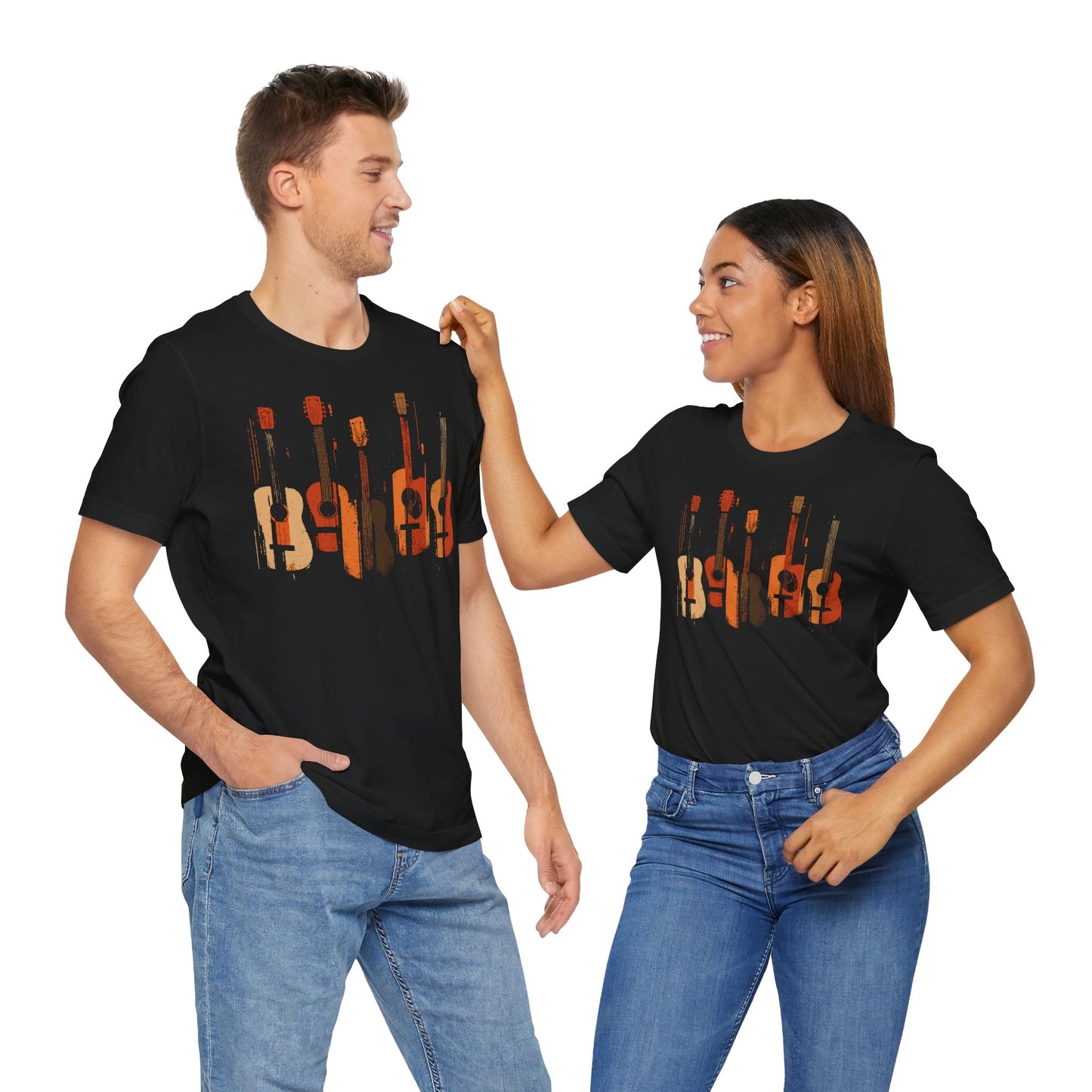 Black Acoustic Heritage t-shirt with five vintage acoustic guitars in warm earth tones