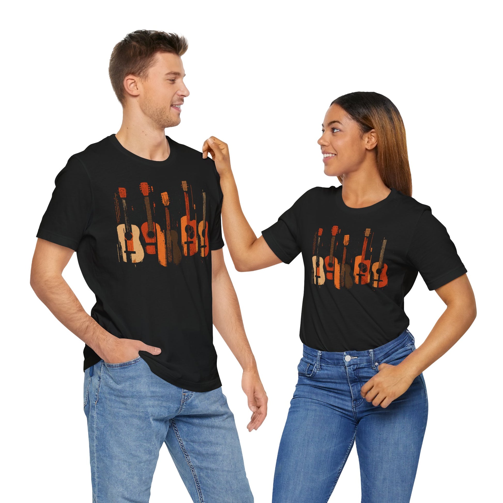 Black Acoustic Heritage t-shirt with five vintage acoustic guitars in warm earth tones