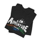 Black t-shirt with 'Adventure wander. wonder. repeat.' text design on a white background
