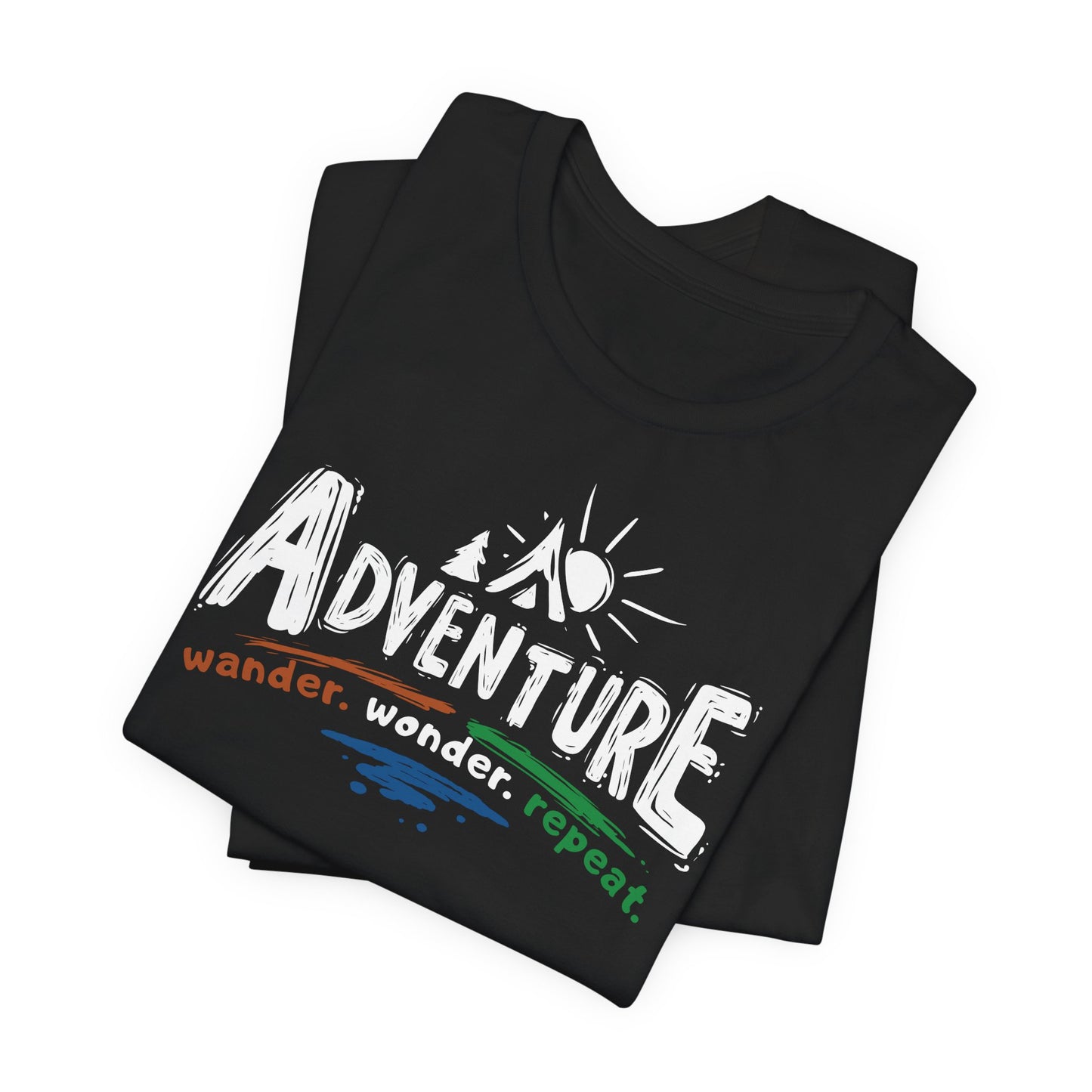 Black t-shirt with 'Adventure wander. wonder. repeat.' text design on a white background