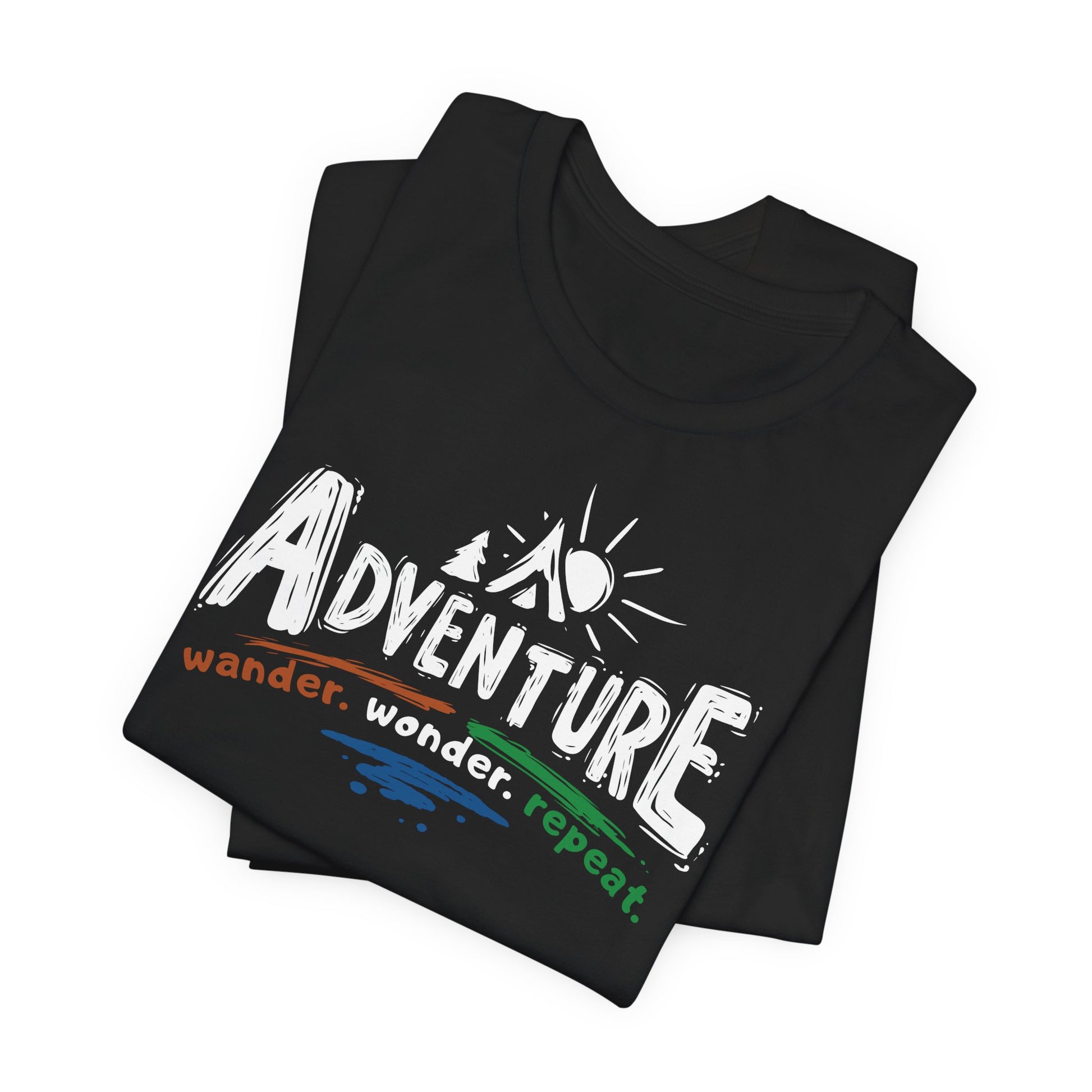 Black t-shirt with 'Adventure wander. wonder. repeat.' text design on a white background