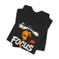 Black Focus & Shoot t-shirt with grunge camera design and orange urban street art aesthetic