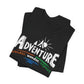 Black t-shirt with 'Adventure' text and graphics on a white background