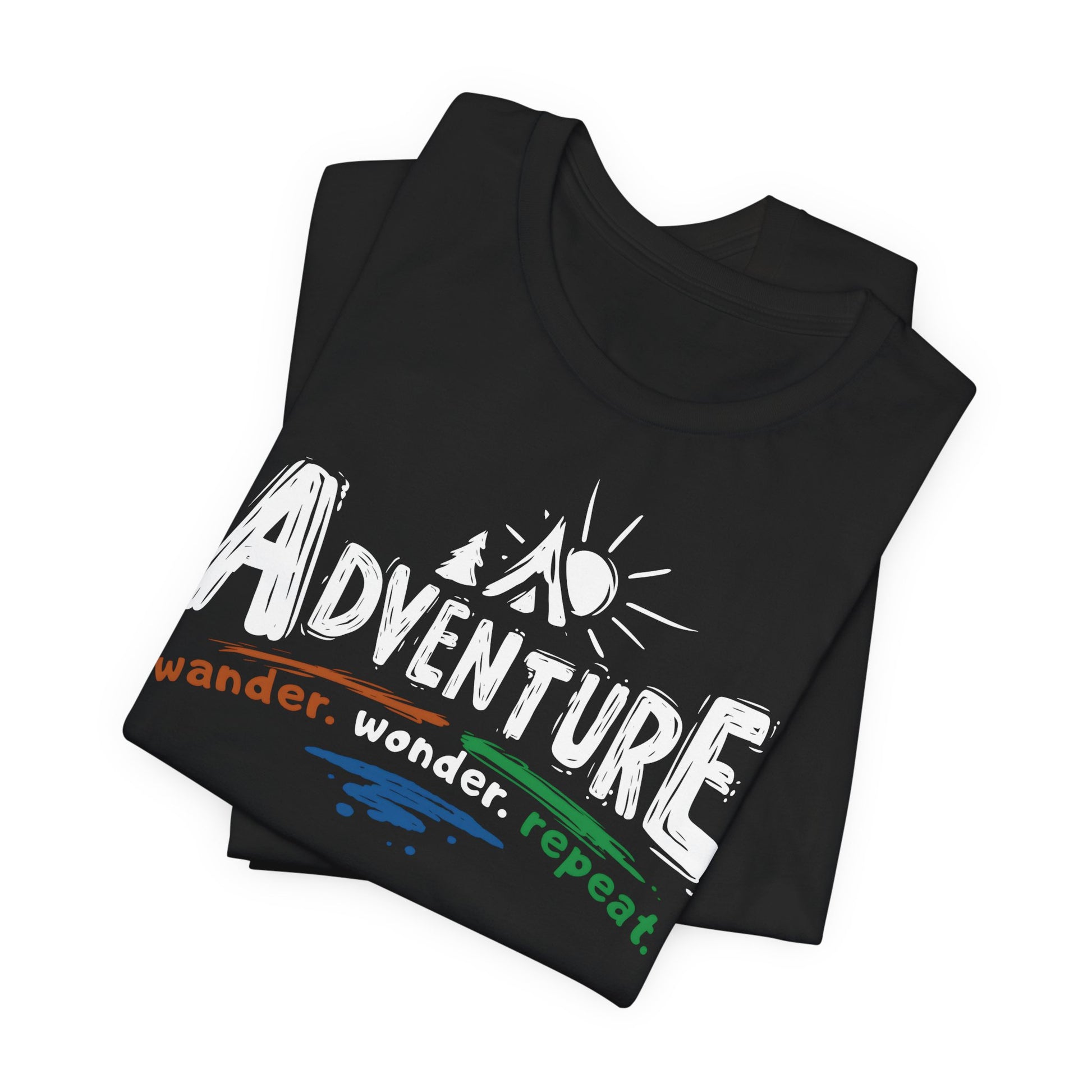 Black t-shirt with 'Adventure' text and graphics on a white background