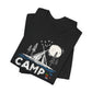 Black Camp t-shirt with hand-drawn tent moon and pine trees wilderness design