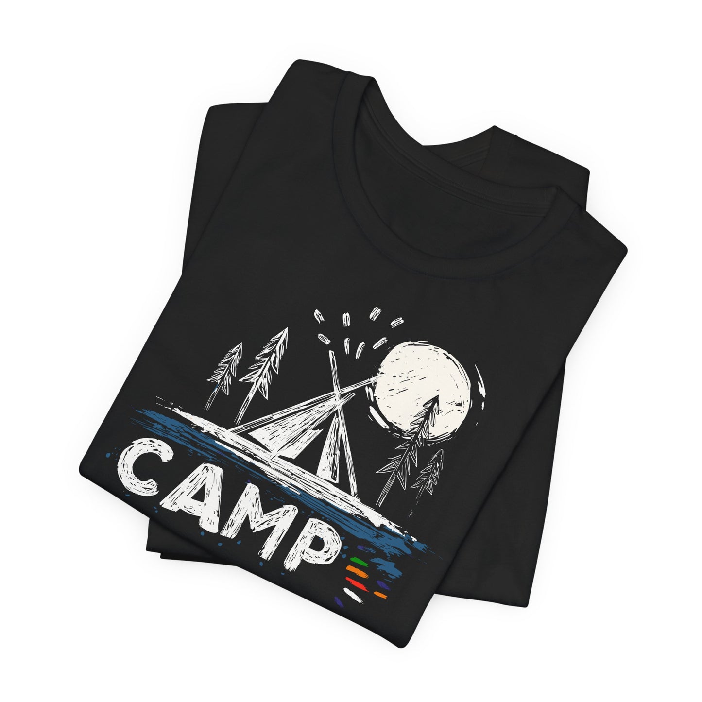 Black Camp t-shirt with hand-drawn tent moon and pine trees wilderness design