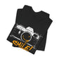Black Smile Camera t-shirt with vintage camera sketch and yellow smiley face graffiti design