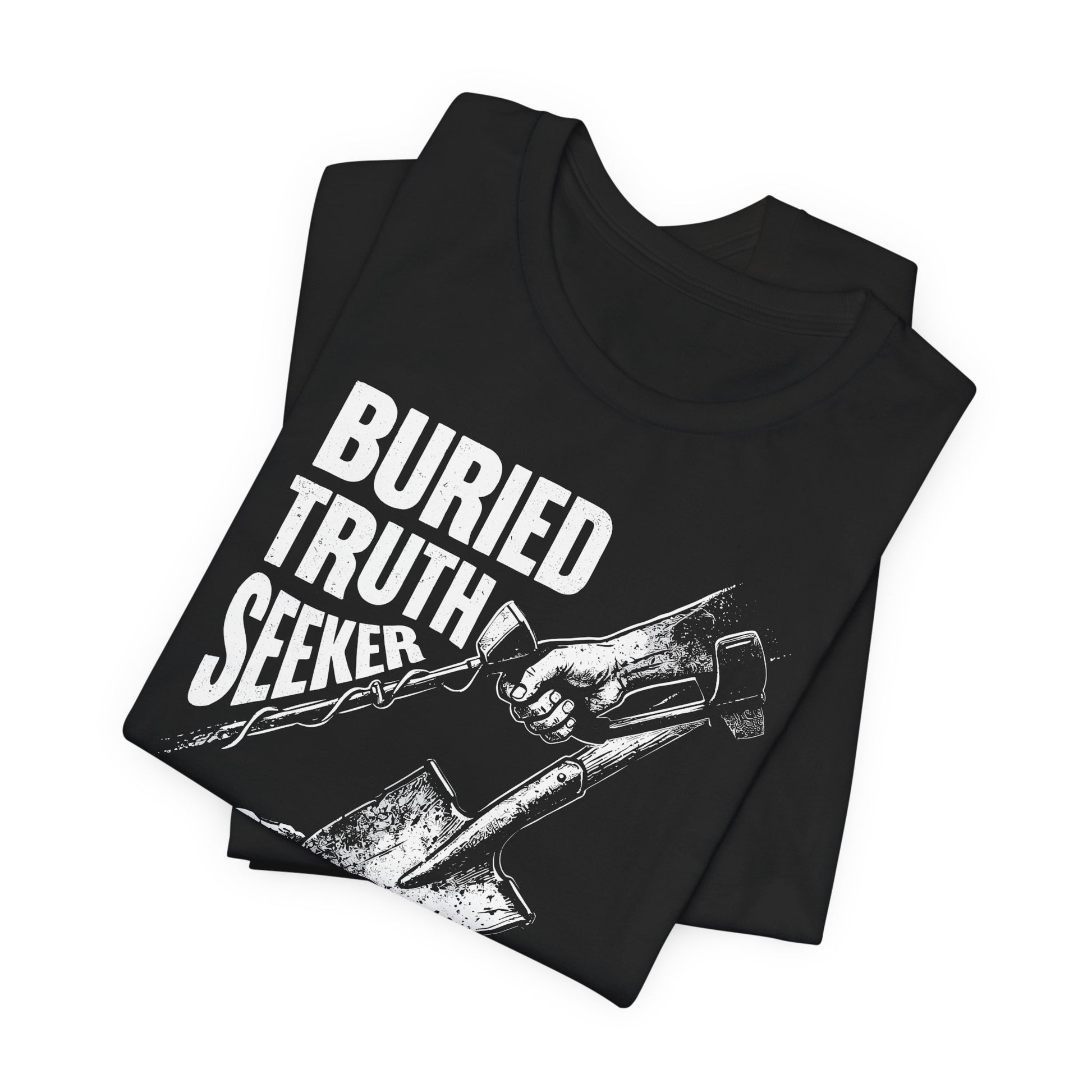 Black t-shirt with 'Buried Truth Seeker' text and graphic on a white background