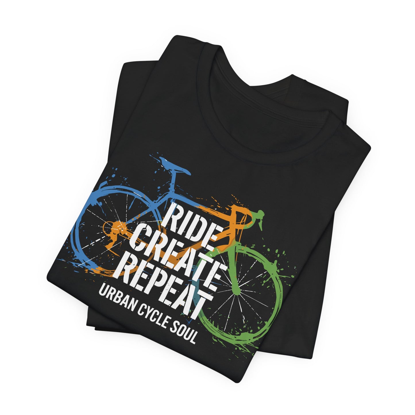 Black t-shirt with bicycle graphic and text on a white background