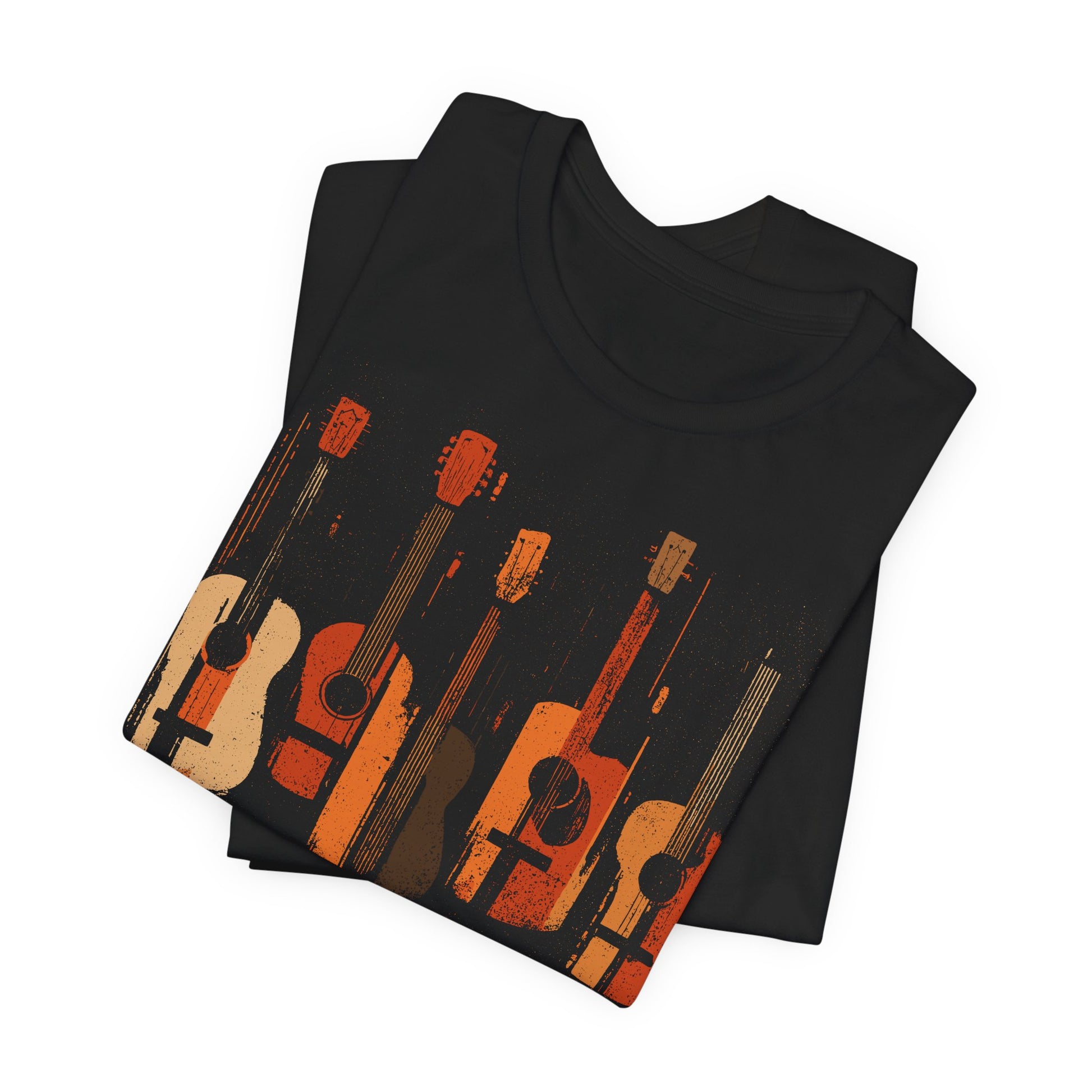 Black Acoustic Heritage t-shirt with five vintage acoustic guitars in warm earth tones
