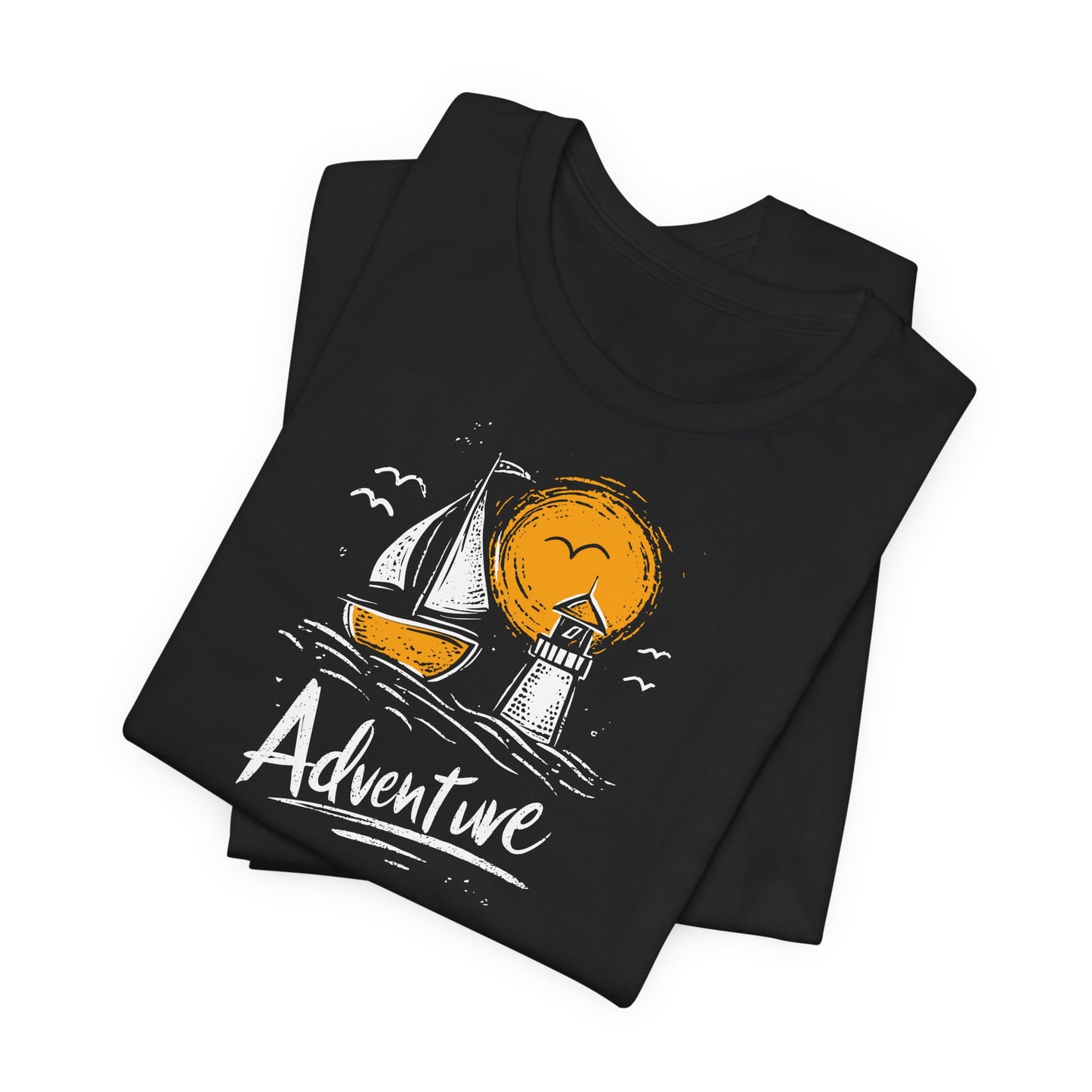 Black Adventure t-shirt with hand-drawn sailboat lighthouse and golden sun nautical design