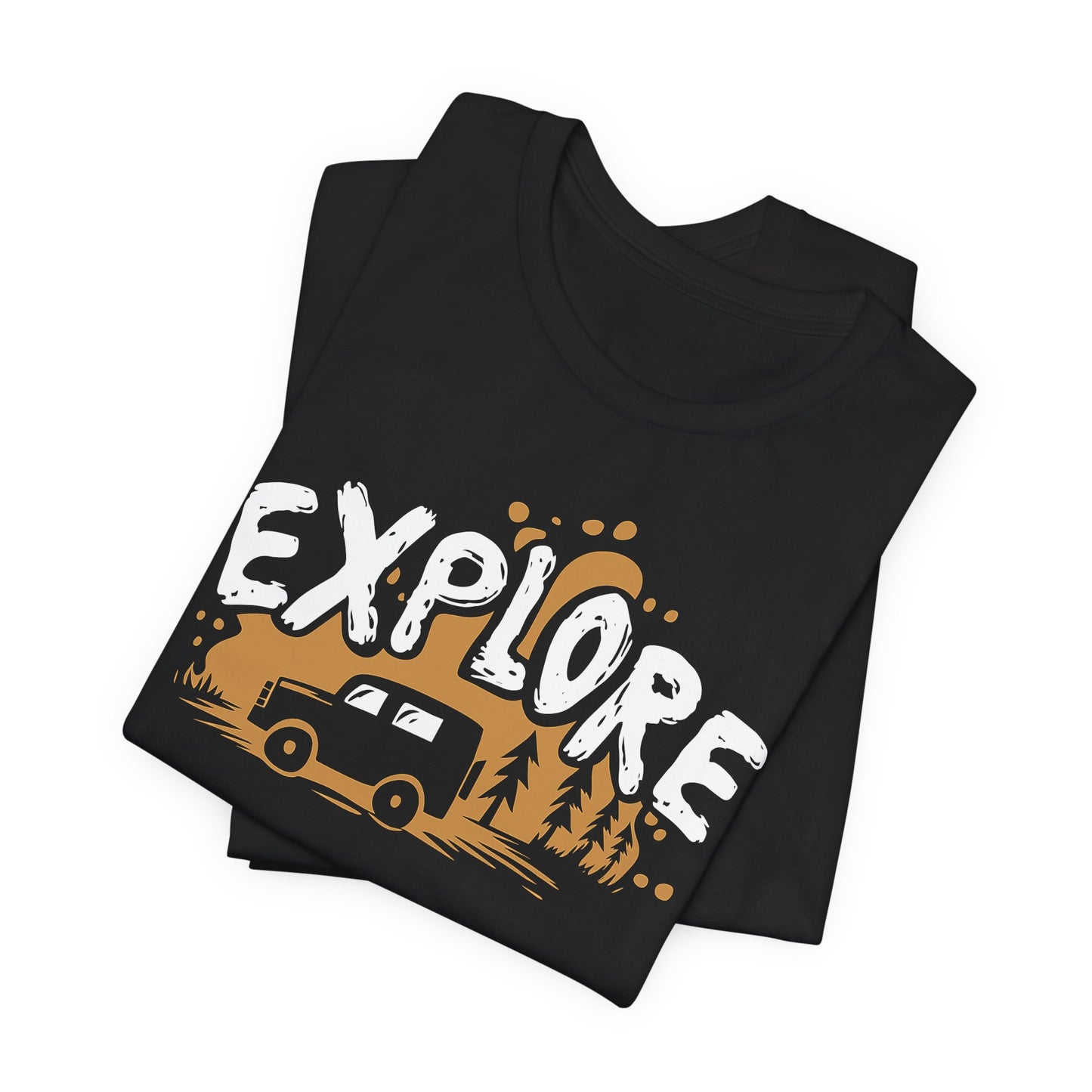 Black Explore t-shirt with adventure vehicle golden forest and pine trees design
