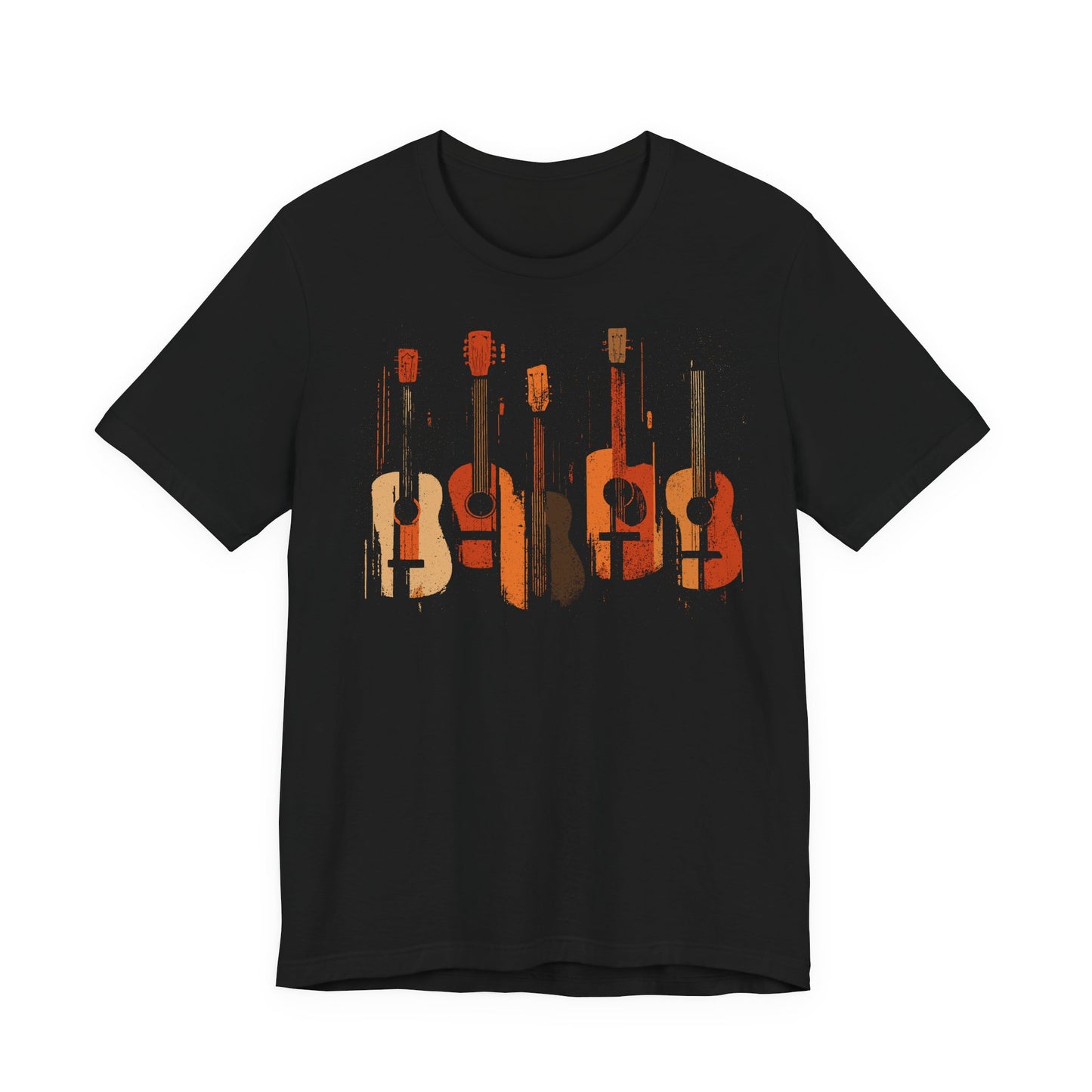 Black Acoustic Heritage t-shirt with five vintage acoustic guitars in warm earth tones