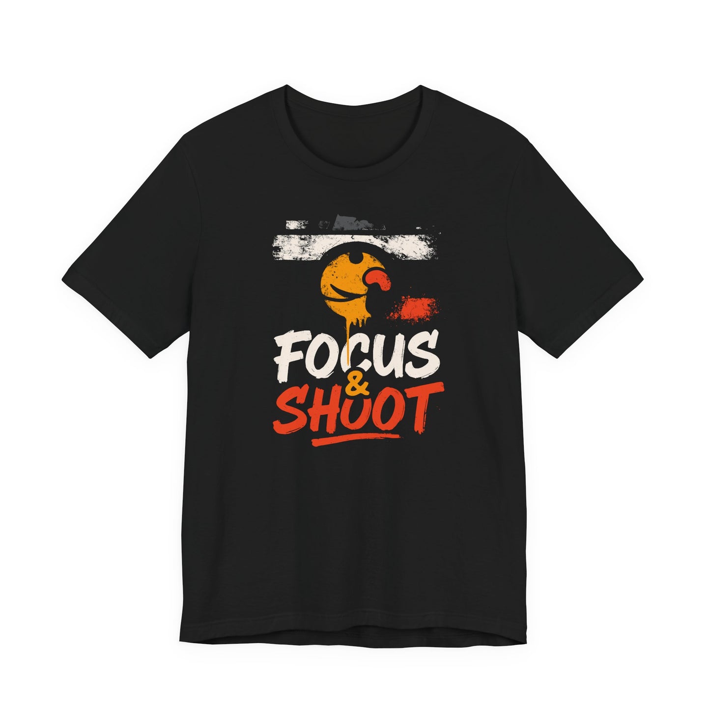 Black Focus & Shoot t-shirt with grunge camera design and orange urban street art aesthetic