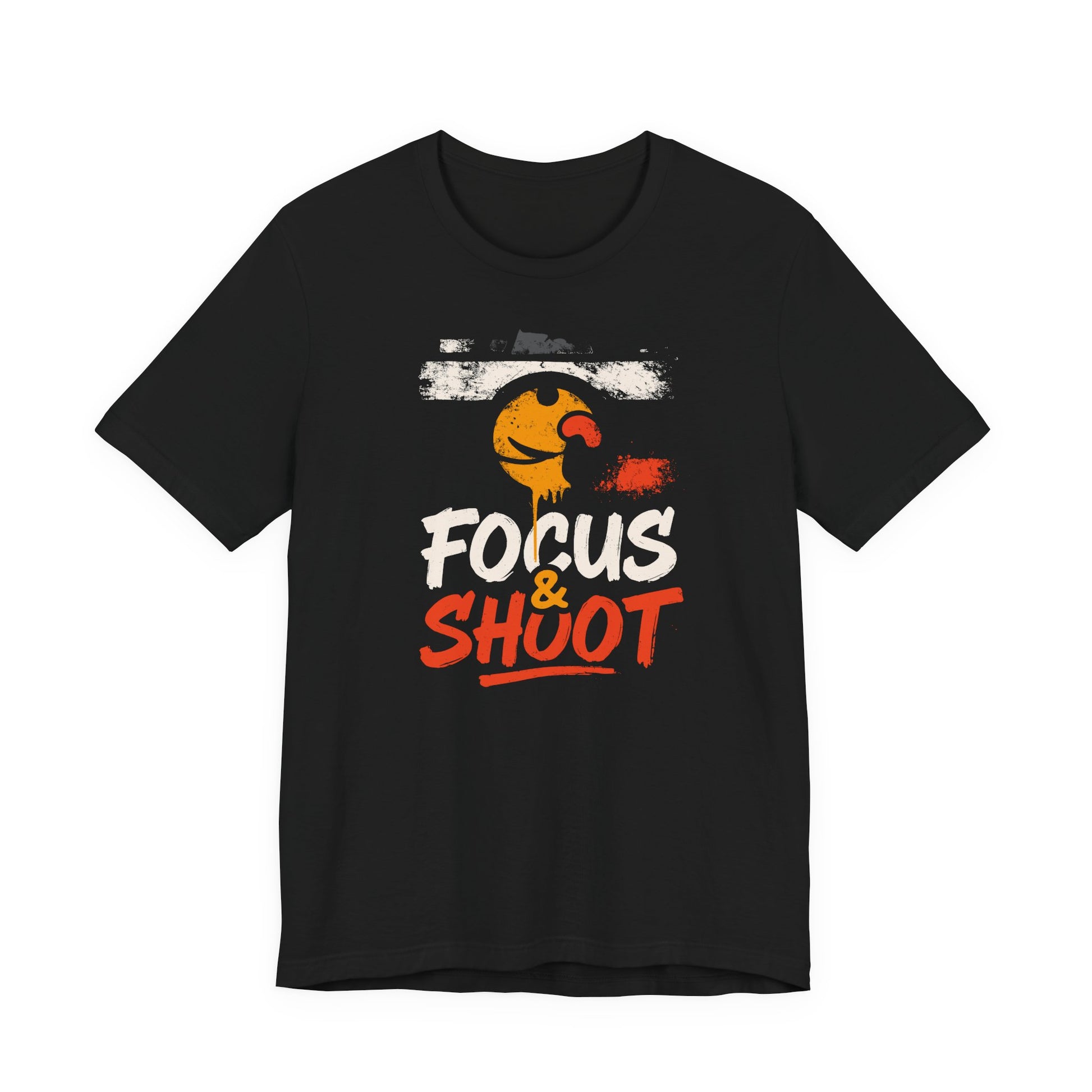 Black Focus & Shoot t-shirt with grunge camera design and orange urban street art aesthetic