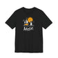 Black Adventure t-shirt with hand-drawn sailboat lighthouse and golden sun nautical design