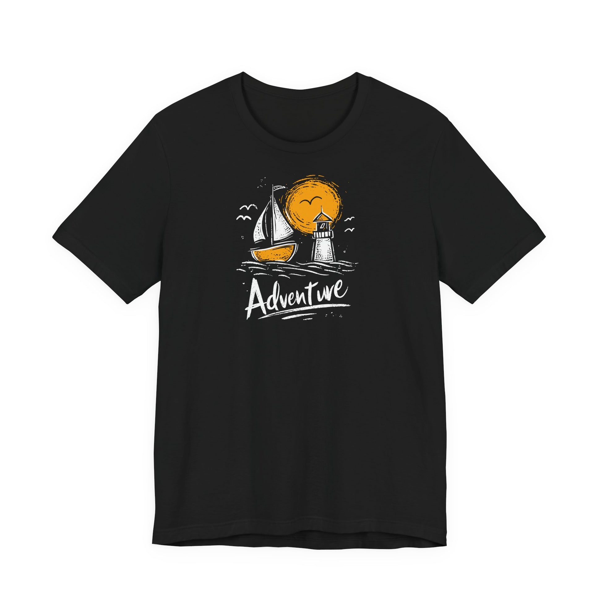 Black Adventure t-shirt with hand-drawn sailboat lighthouse and golden sun nautical design