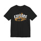 Black Explore t-shirt with adventure vehicle golden forest and pine trees design