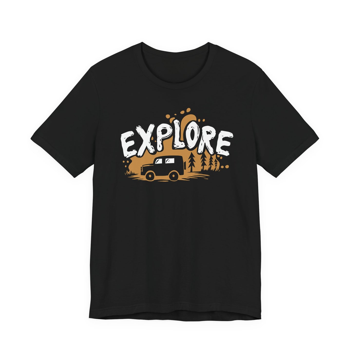 Black Explore t-shirt with adventure vehicle golden forest and pine trees design