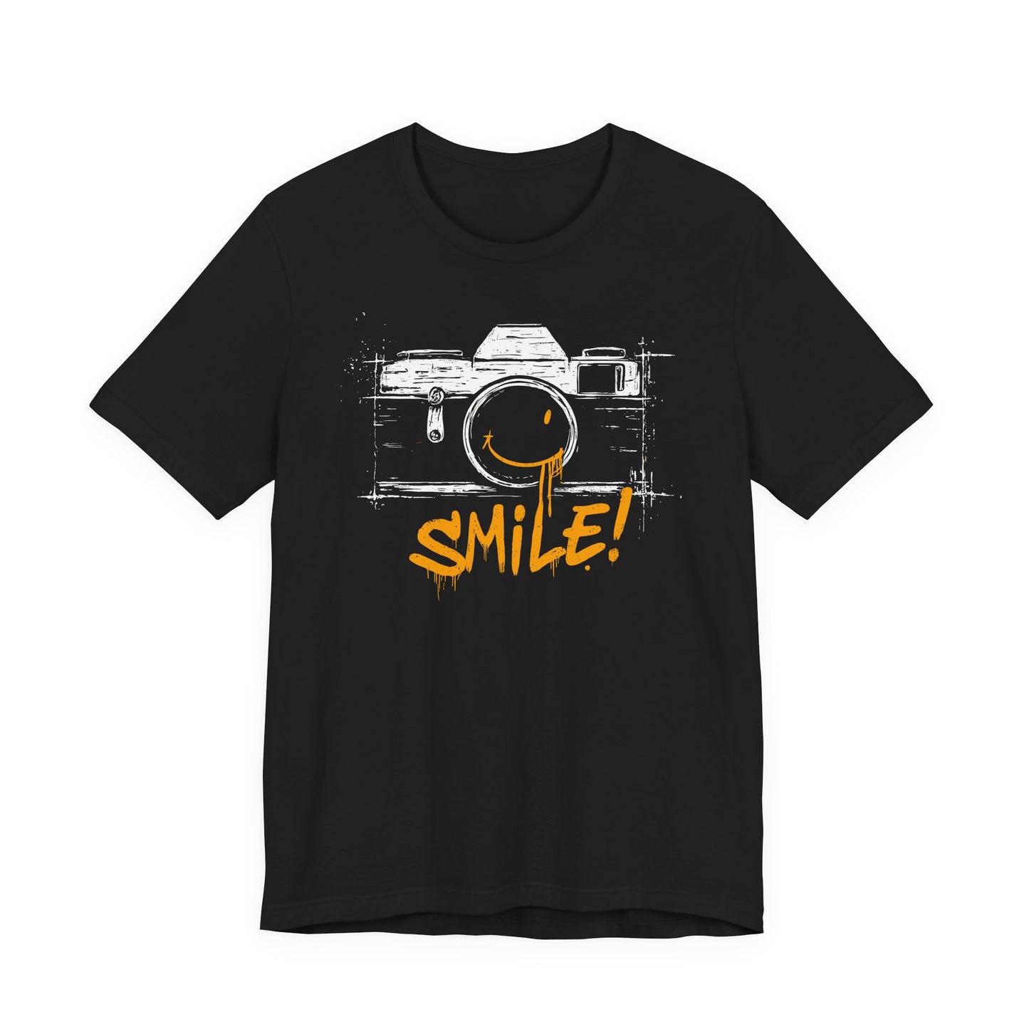 Black Smile Camera t-shirt with vintage camera sketch and yellow smiley face graffiti design