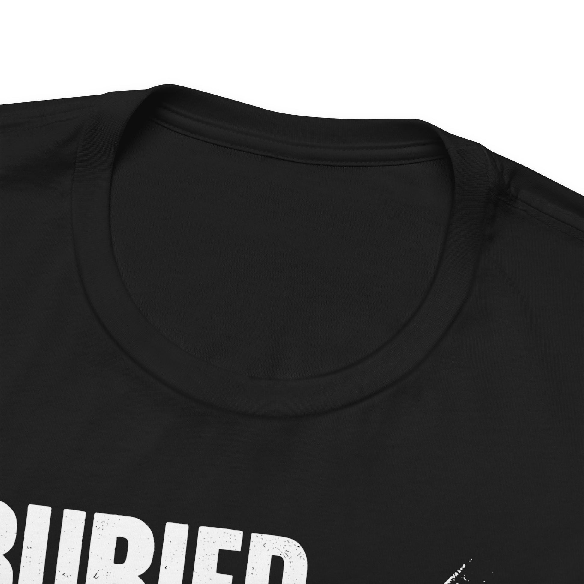 Black t-shirt with white text on a white background
