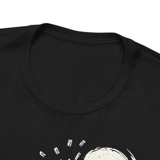 Black Camp t-shirt with hand-drawn tent moon and pine trees wilderness design