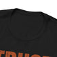 Black t-shirt with text on a white background