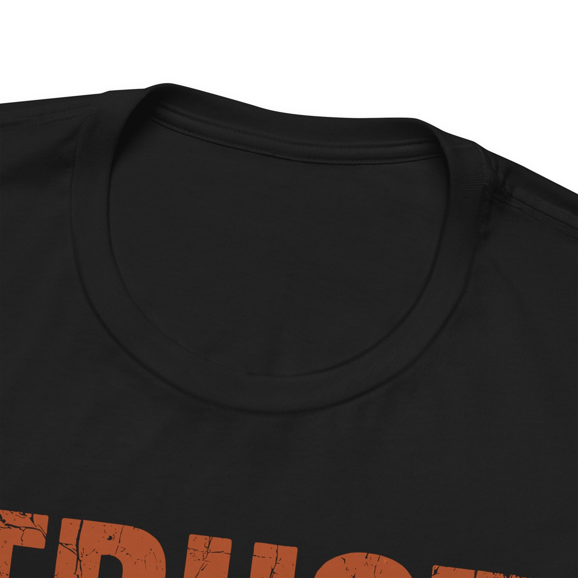 Black t-shirt with text on a white background