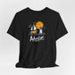 Black Adventure t-shirt with hand-drawn sailboat lighthouse and golden sun nautical design