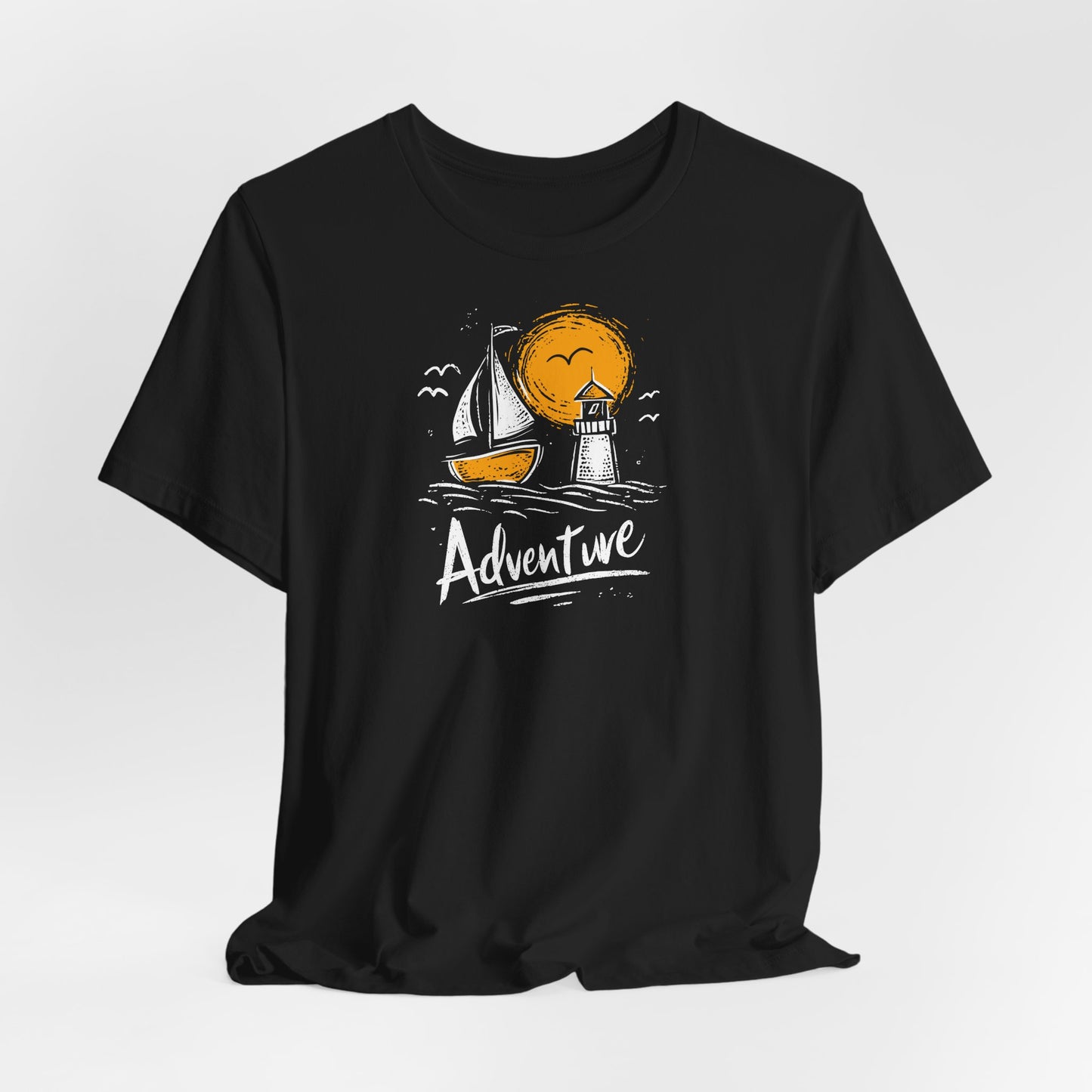 Black Adventure t-shirt with hand-drawn sailboat lighthouse and golden sun nautical design