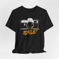 Black Smile Camera t-shirt with vintage camera sketch and yellow smiley face graffiti design