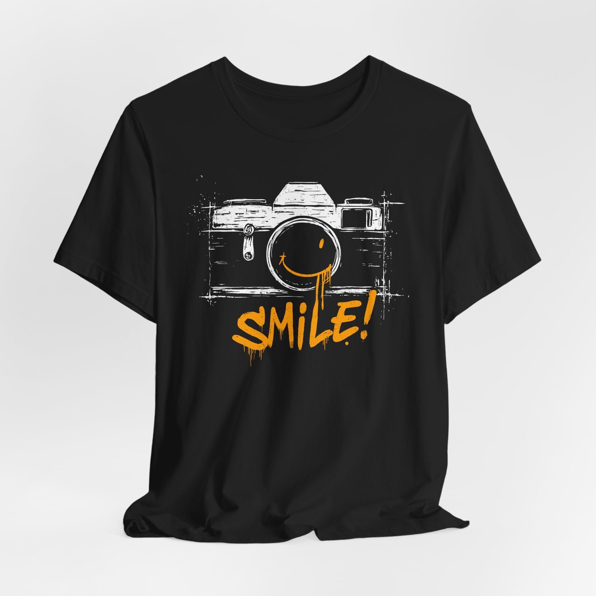 Black Smile Camera t-shirt with vintage camera sketch and yellow smiley face graffiti design