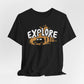 Black Explore t-shirt with adventure vehicle golden forest and pine trees design