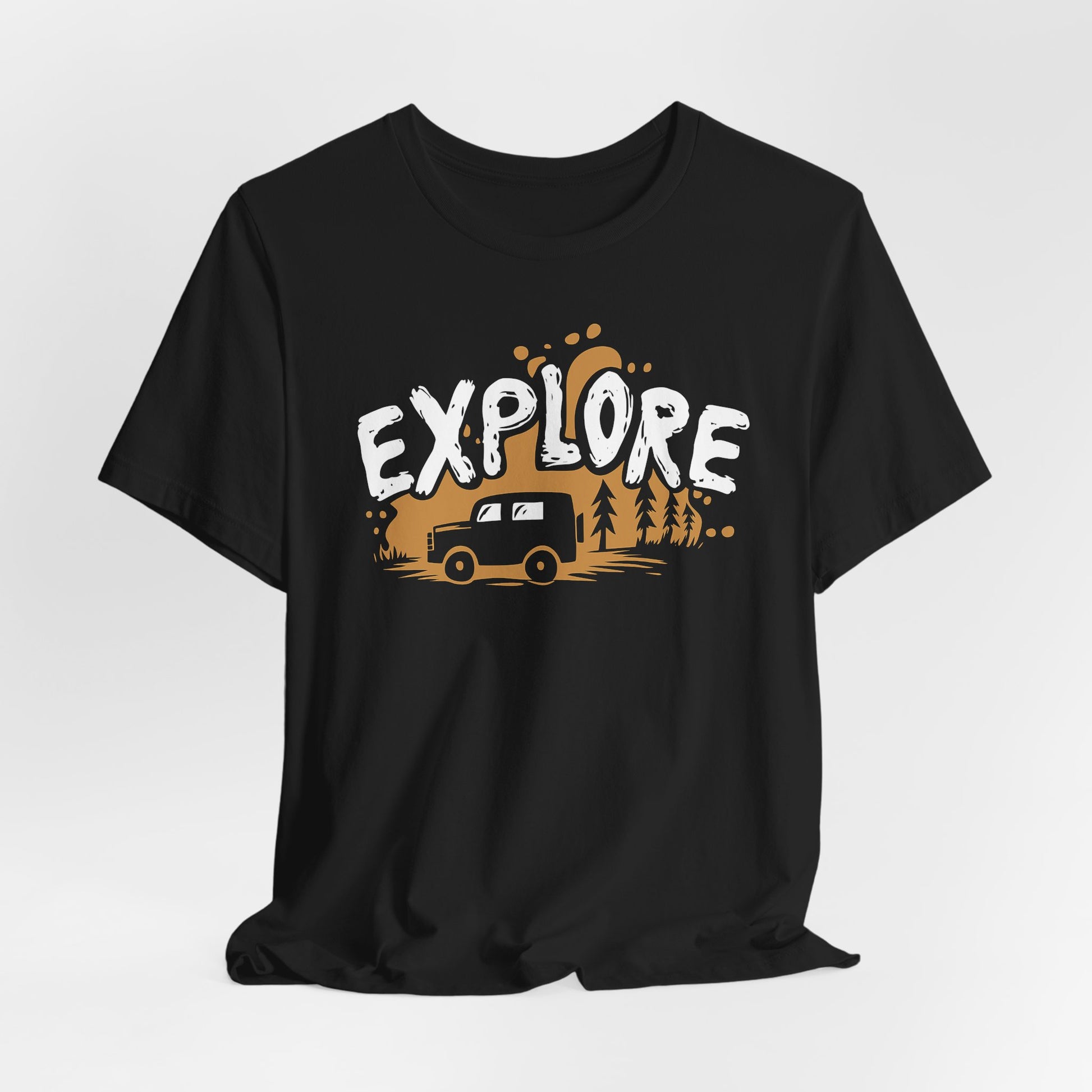 Black Explore t-shirt with adventure vehicle golden forest and pine trees design